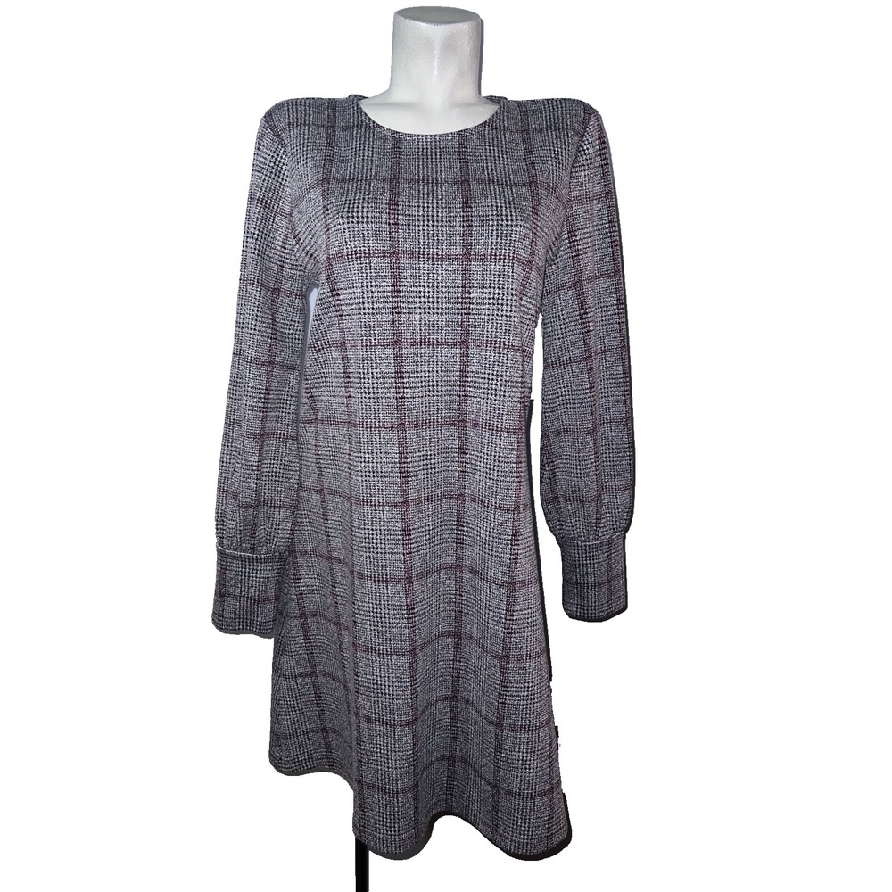 Ann Taylor Womens Glen Plaid Ponte Long Sleeve Shift Dress Grey Burgundy Size L
